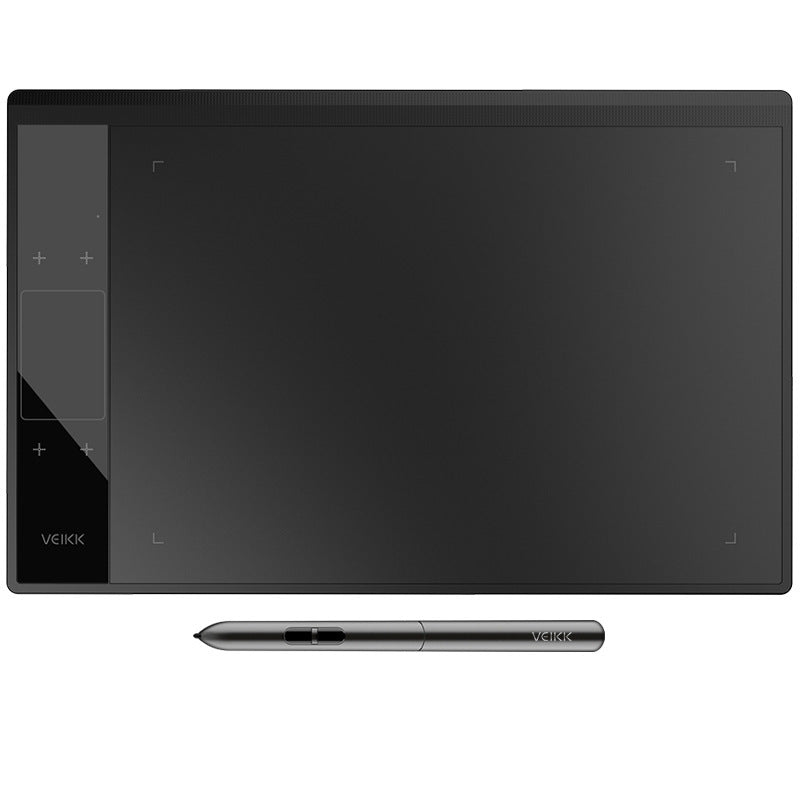 Black graphic tablet with pen on a white background, featuring the brand 'Veikk'.