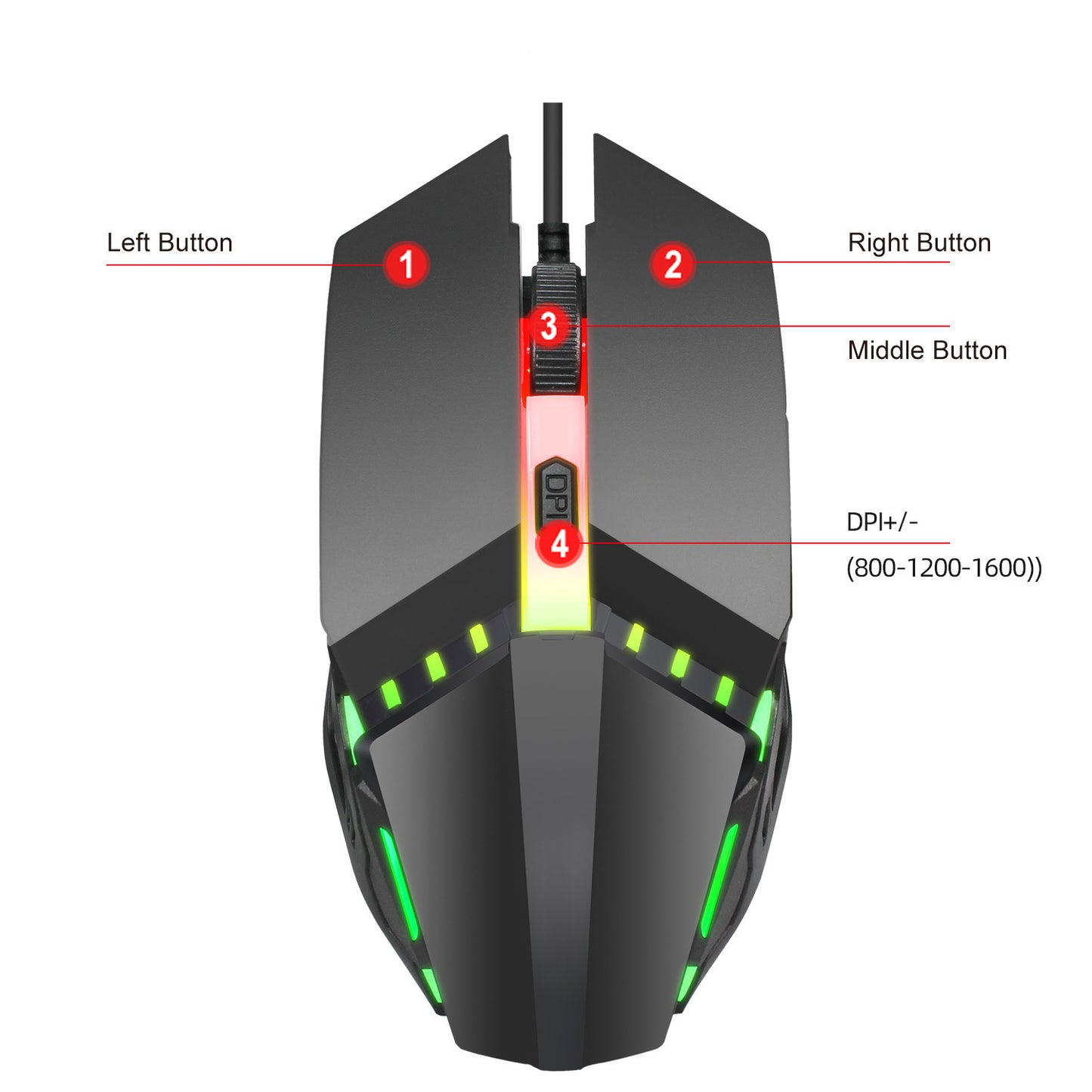 Gaming mouse with labeled buttons and DPI settings on a white background