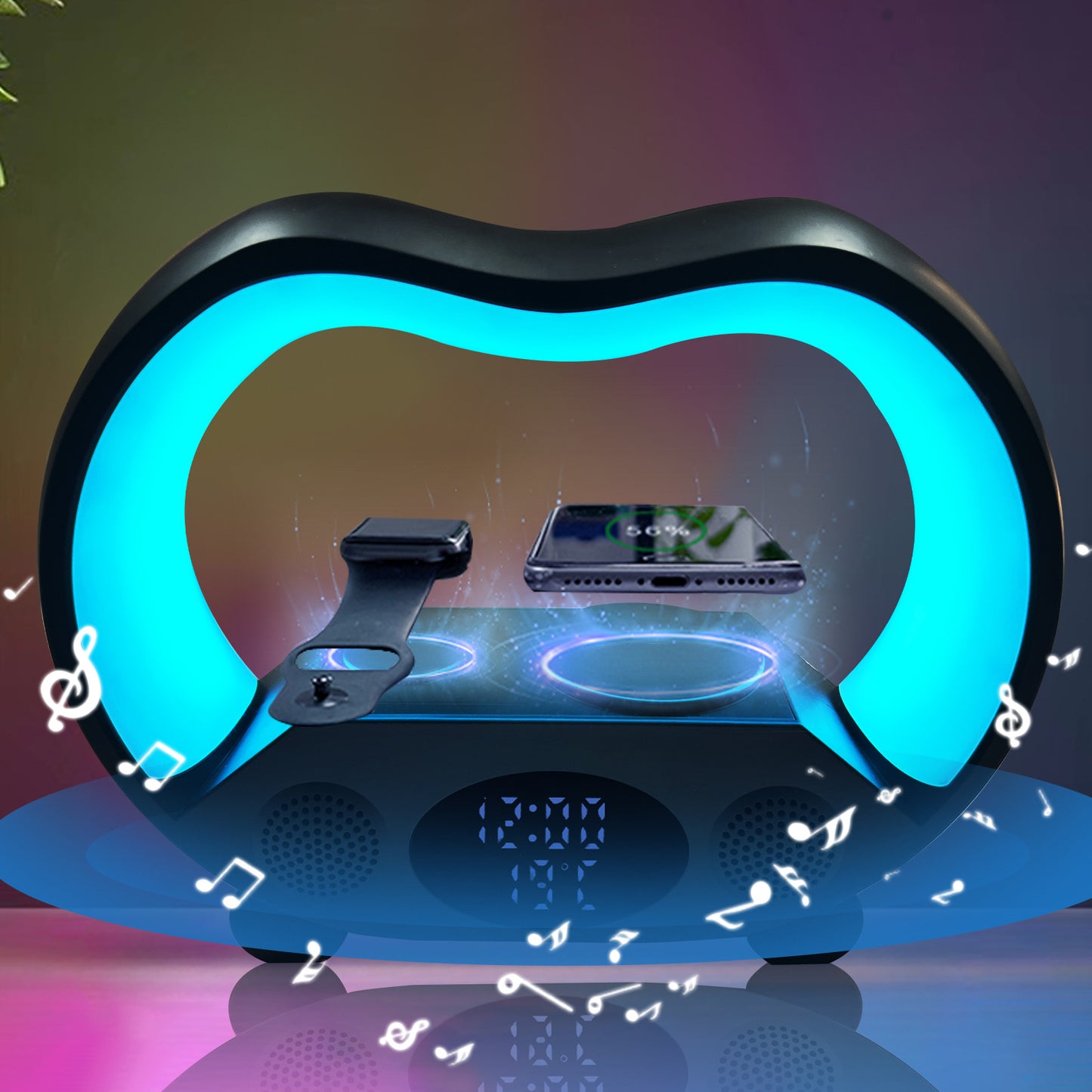 Glowing blue electronic device with smartphone on a colorful gradient background
