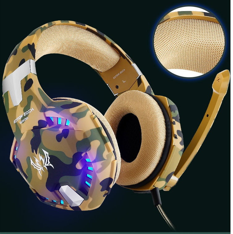 Camouflage gaming headset with LED lights on a black background