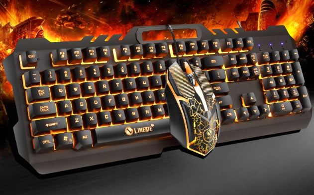 Gaming keyboard and mouse set with fiery background