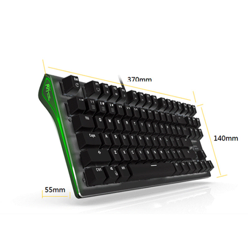 Black keyboard with green accents and measurements on a white background