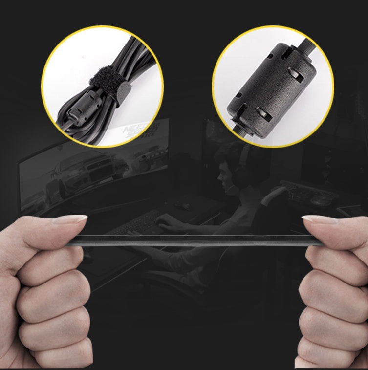 Person holding a black electronic device with close-up insets of cable and connector on a dark background