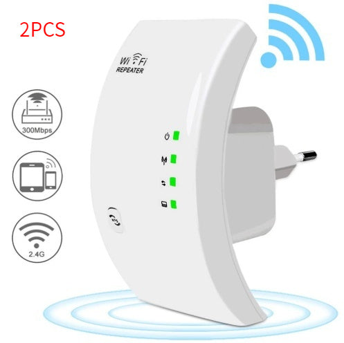 White Wi-Fi repeater with blue wireless signal icon on a white background