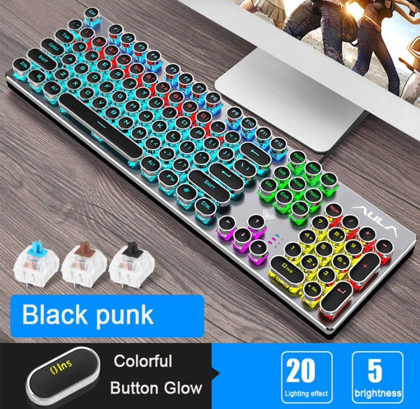 Colorful keyboard with RGB lighting on a desk, featuring switch options and specifications.