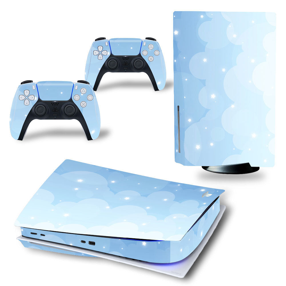 Gaming console and controllers with a blue and white cloud design on a white background