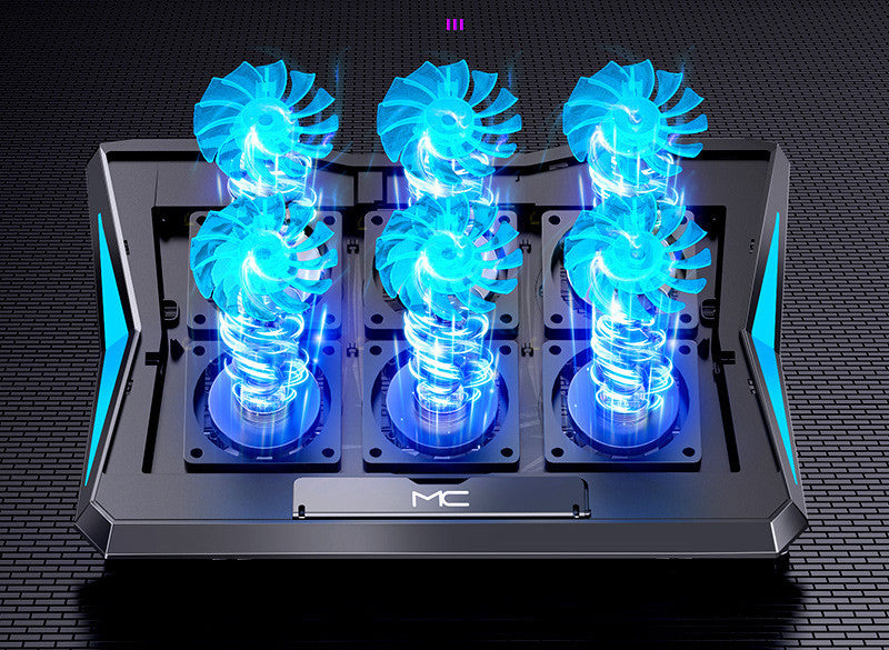 Computer cooling system with blue LED lights on a dark background