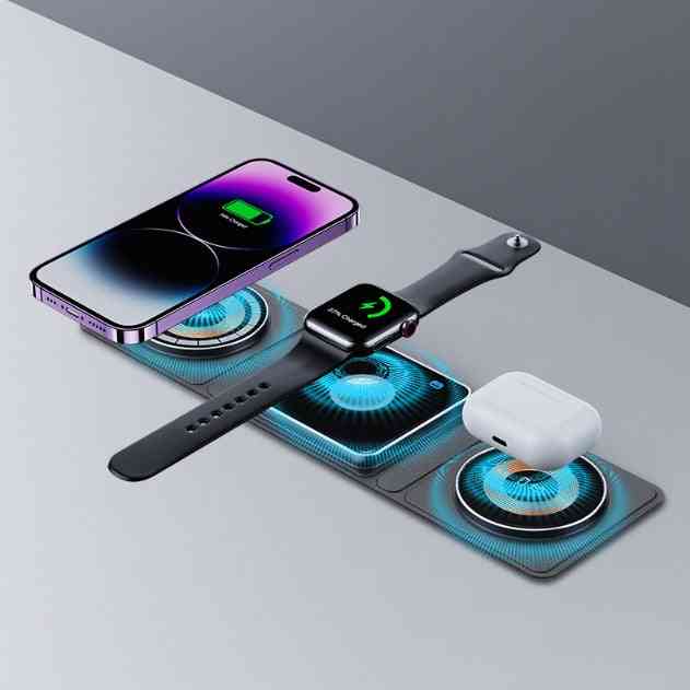 3-in-1 Magnetic Wireless Charger Station powering Apple devices