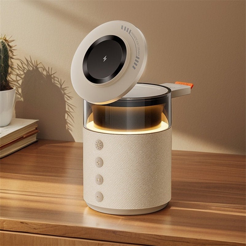 Modern smart speaker with a light on a wooden surface