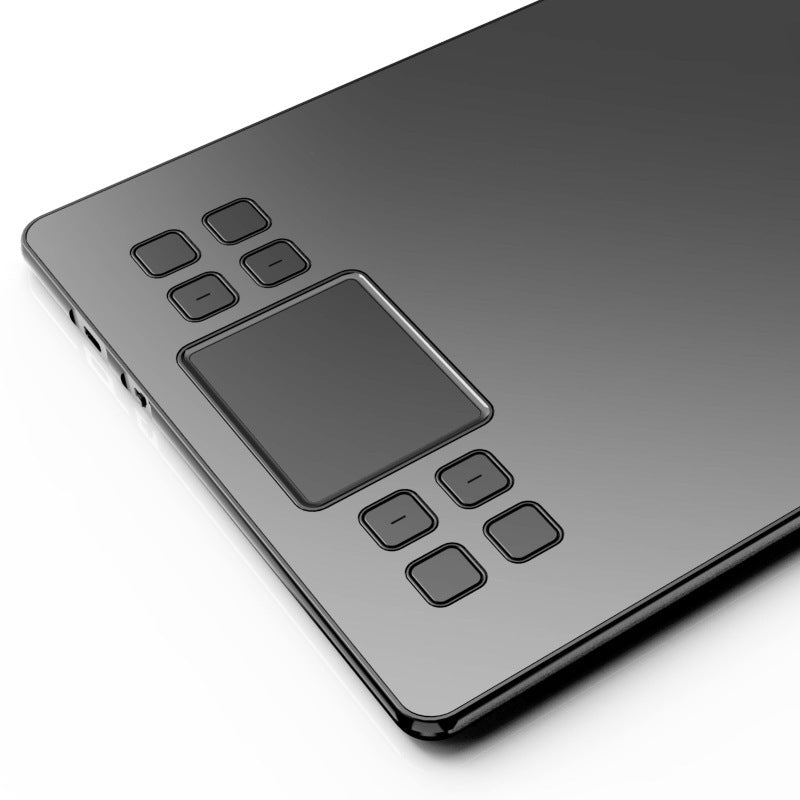 Black electronic device with a touchpad and buttons on a white background