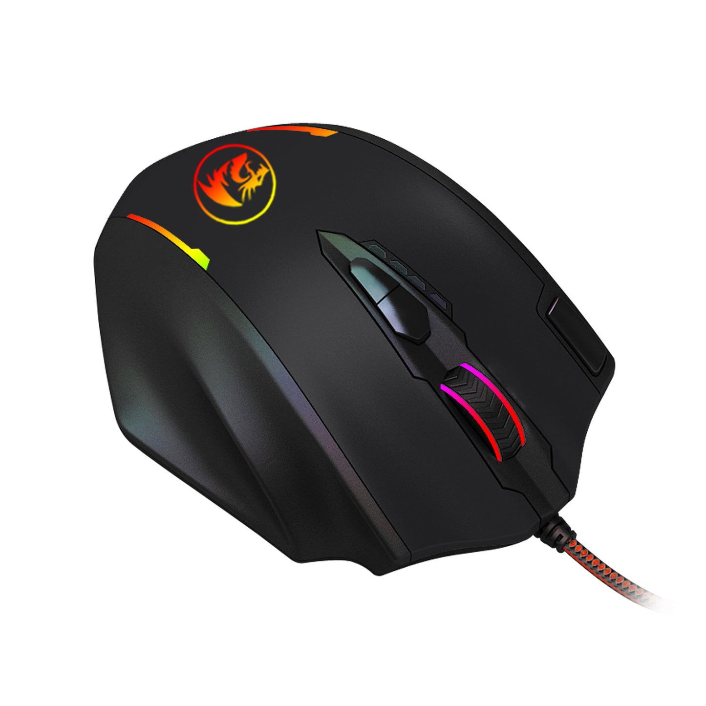 Black gaming mouse with colorful lighting on a white background