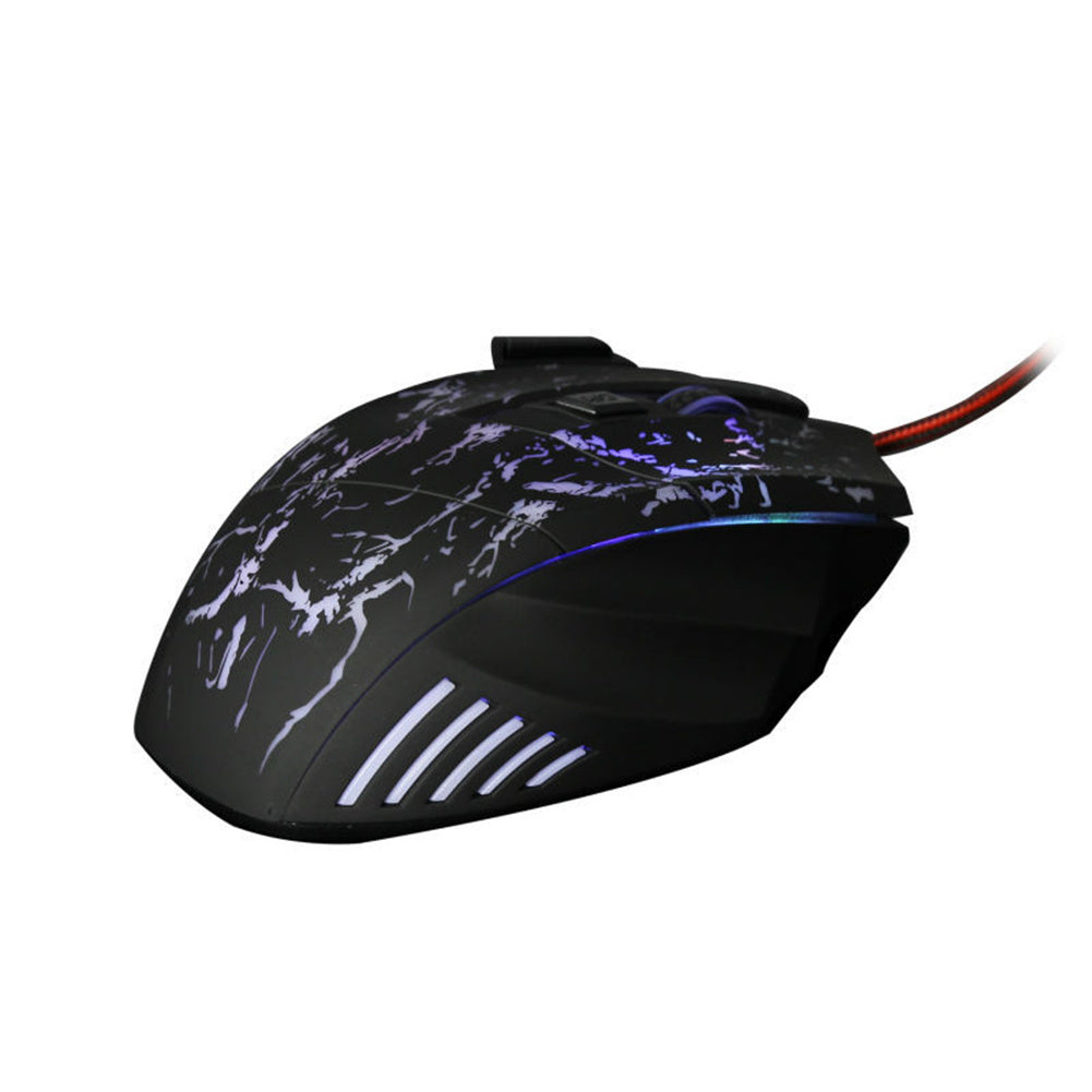 Gaming mouse with marble design and RGB lighting on a white background