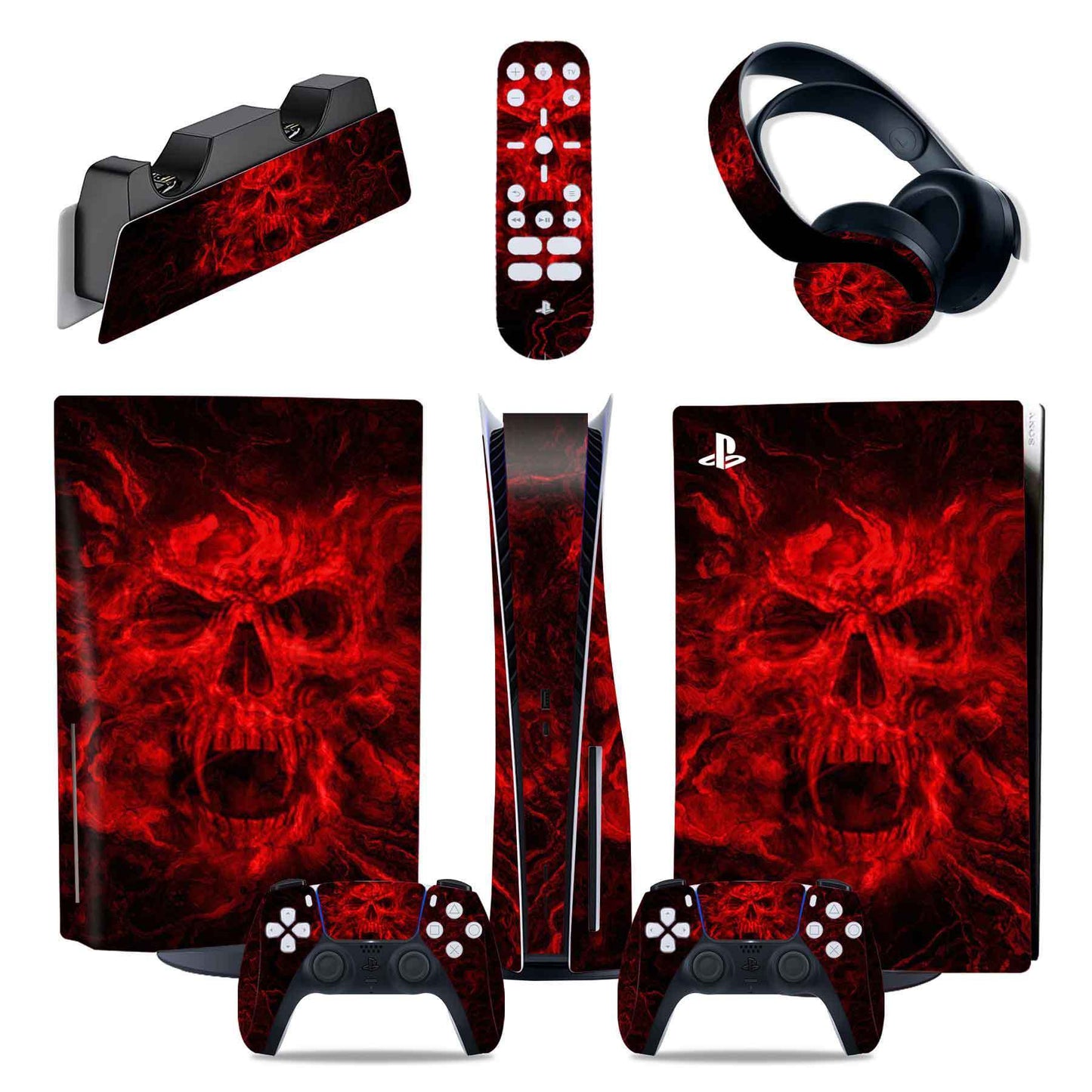 Gaming console and accessories with red skull design on a white background