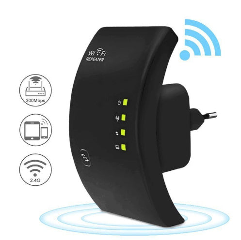 Black WiFi repeater with Wi-Fi signal icon on a white background