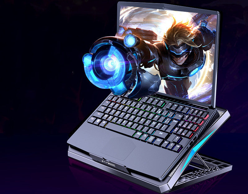 Gaming laptop with a character on the screen and glowing blue accents