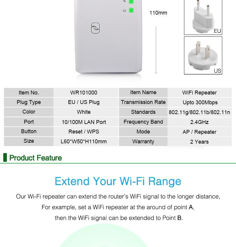 Wi-Fi repeater with specifications and features on a white background