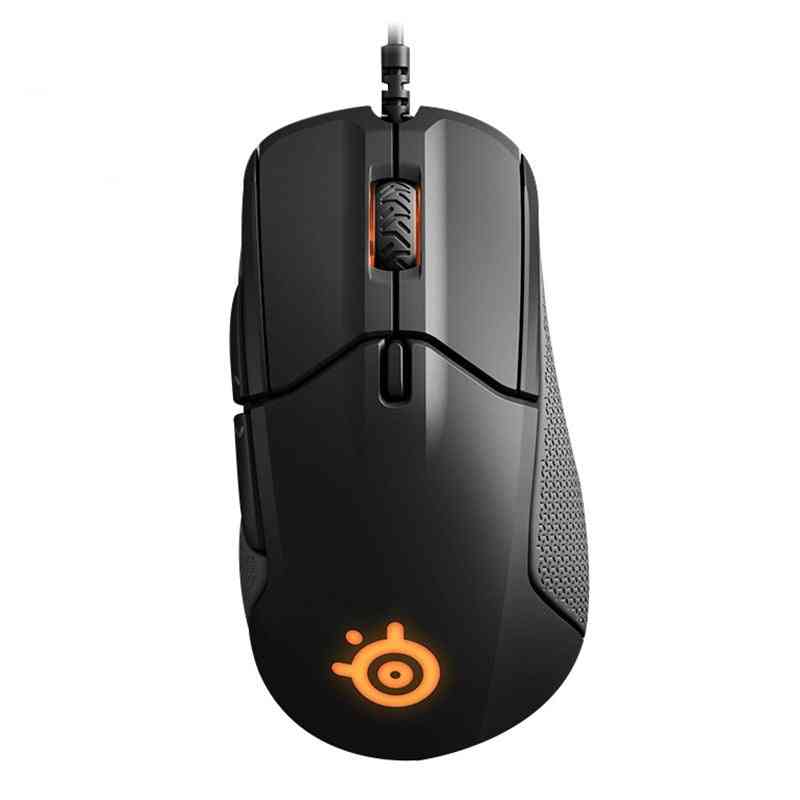 Black gaming mouse with orange logo on a white background
