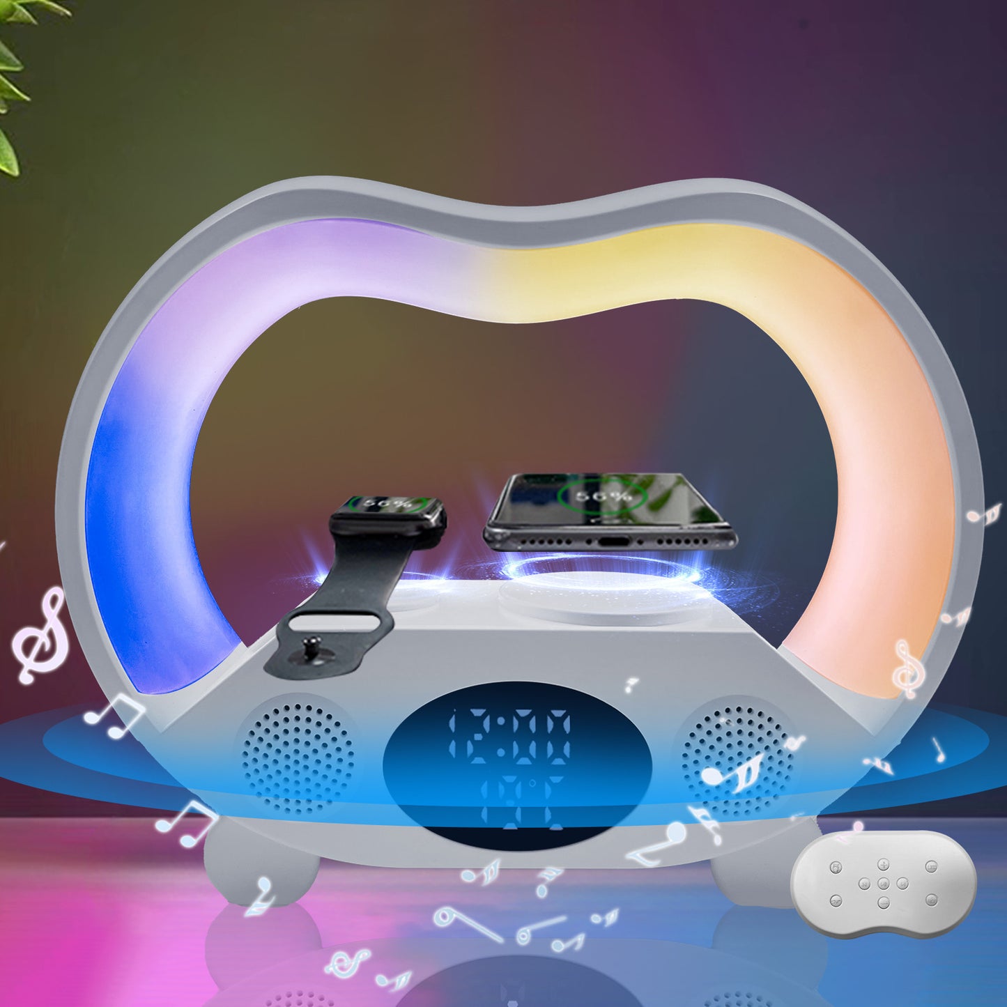 Multifunctional device with charging stations and display on a colorful background