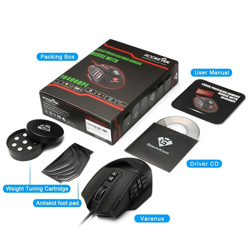 Gaming mouse with accessories including a box, user manual, weight tuning cartridge, antiskid foot pad, and driver CD on a white background.