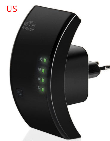 Black WiFi repeater with green indicator lights on a white background