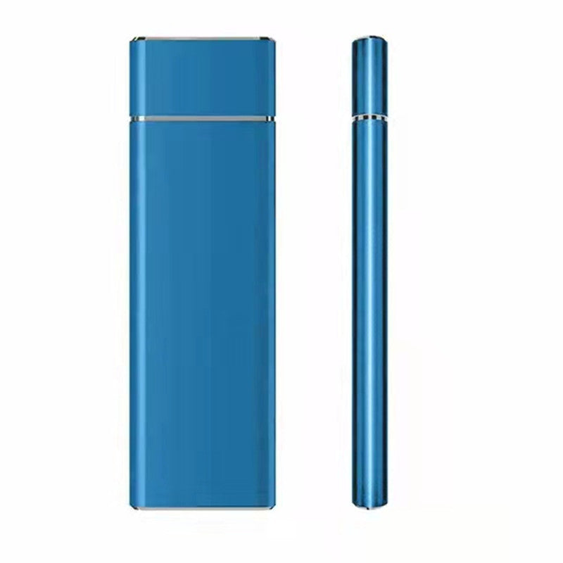 Blue electronic device with a pen-like component on a white background