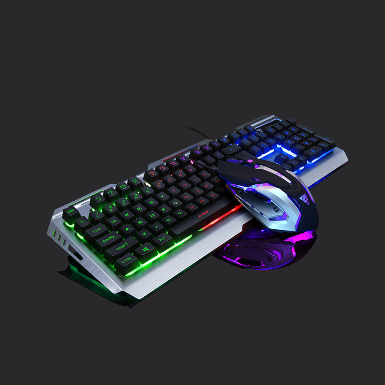 Gaming keyboard and mouse set with RGB lighting on a dark background