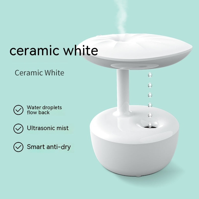 Ceramic white ultrasonic humidifier with features listed on a light blue background