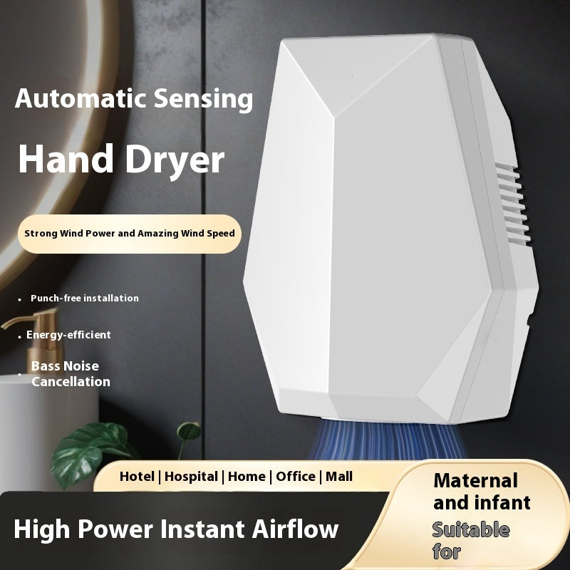 White hand dryer with features listed on a dark background