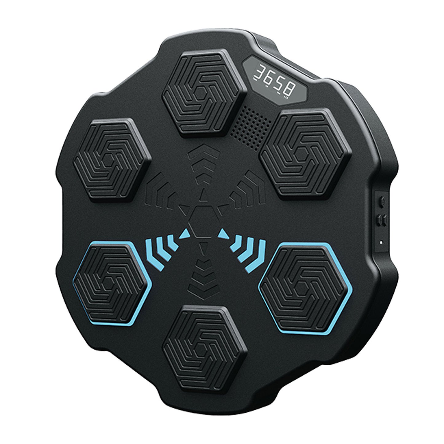 Black electronic device with hexagonal patterns and digital display on a white background