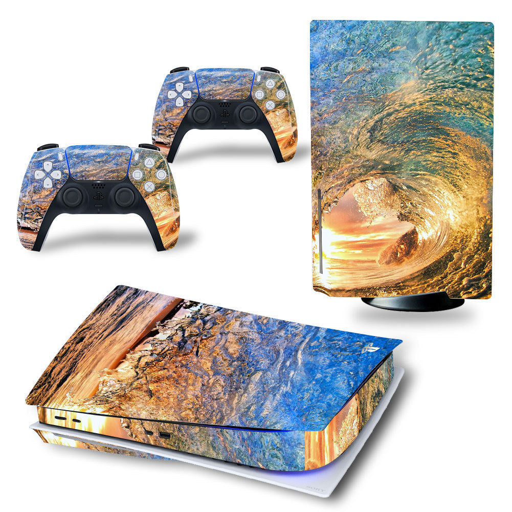 Gaming console and controllers with nature-themed skin design on a white background