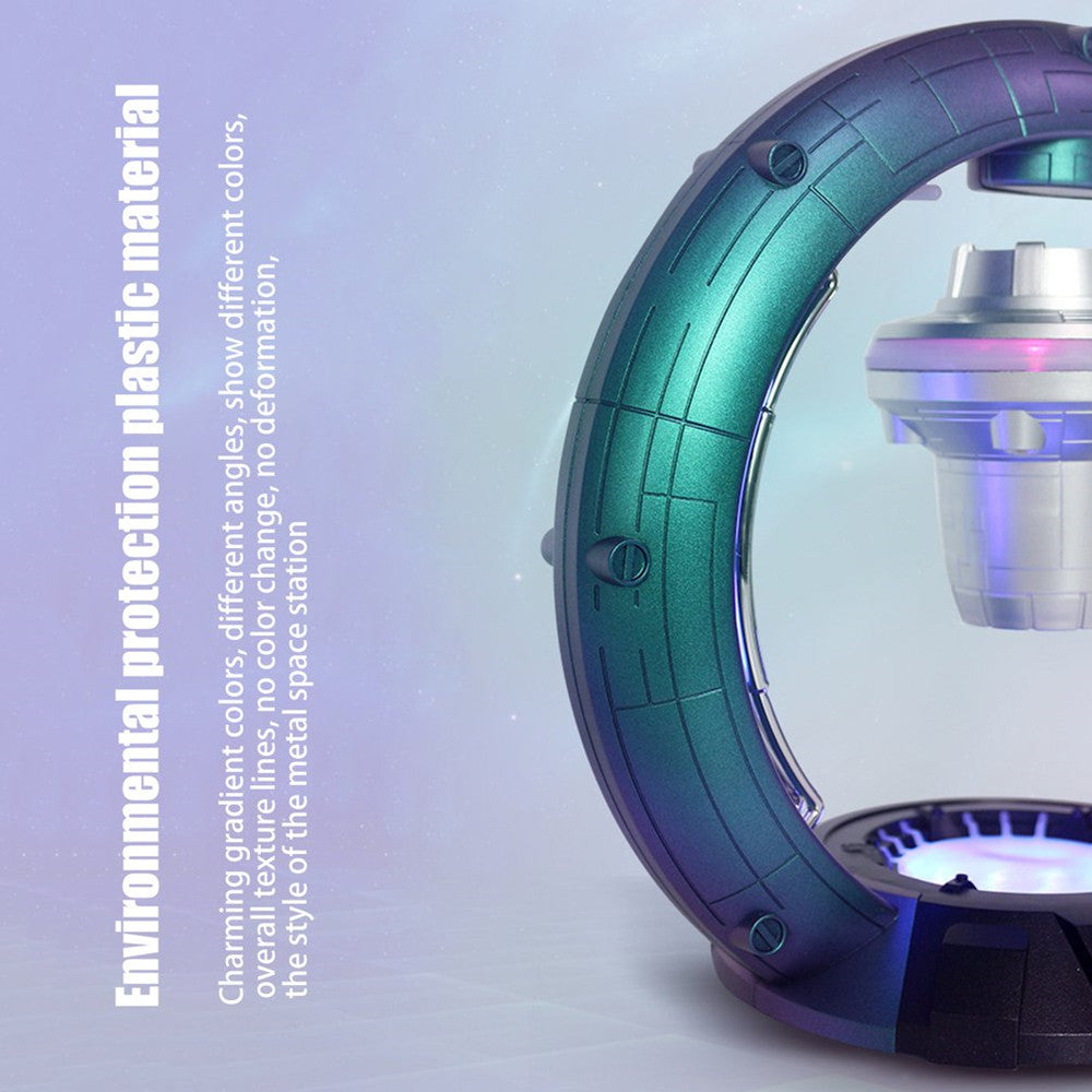 Close-up of a futuristic circular object with gradient colors on a light purple background.