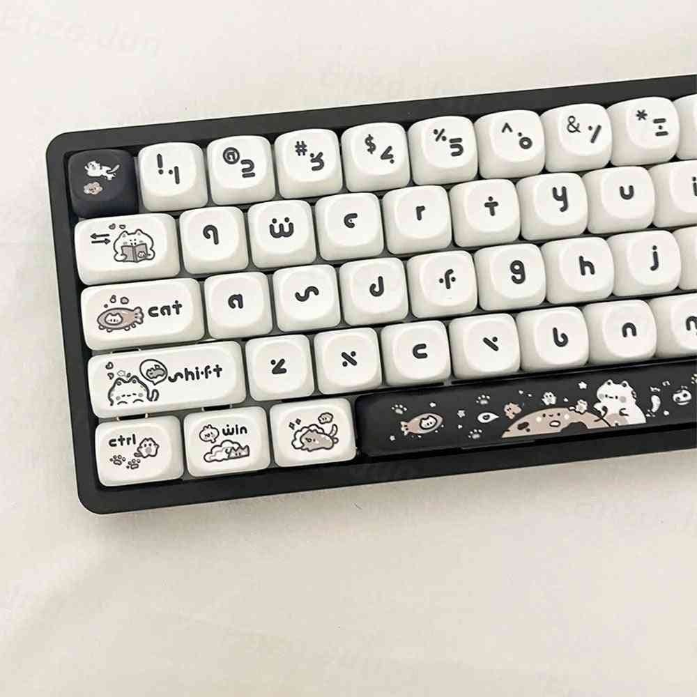 Keyboard with white keys and black keycaps featuring cartoon designs on a light gray background