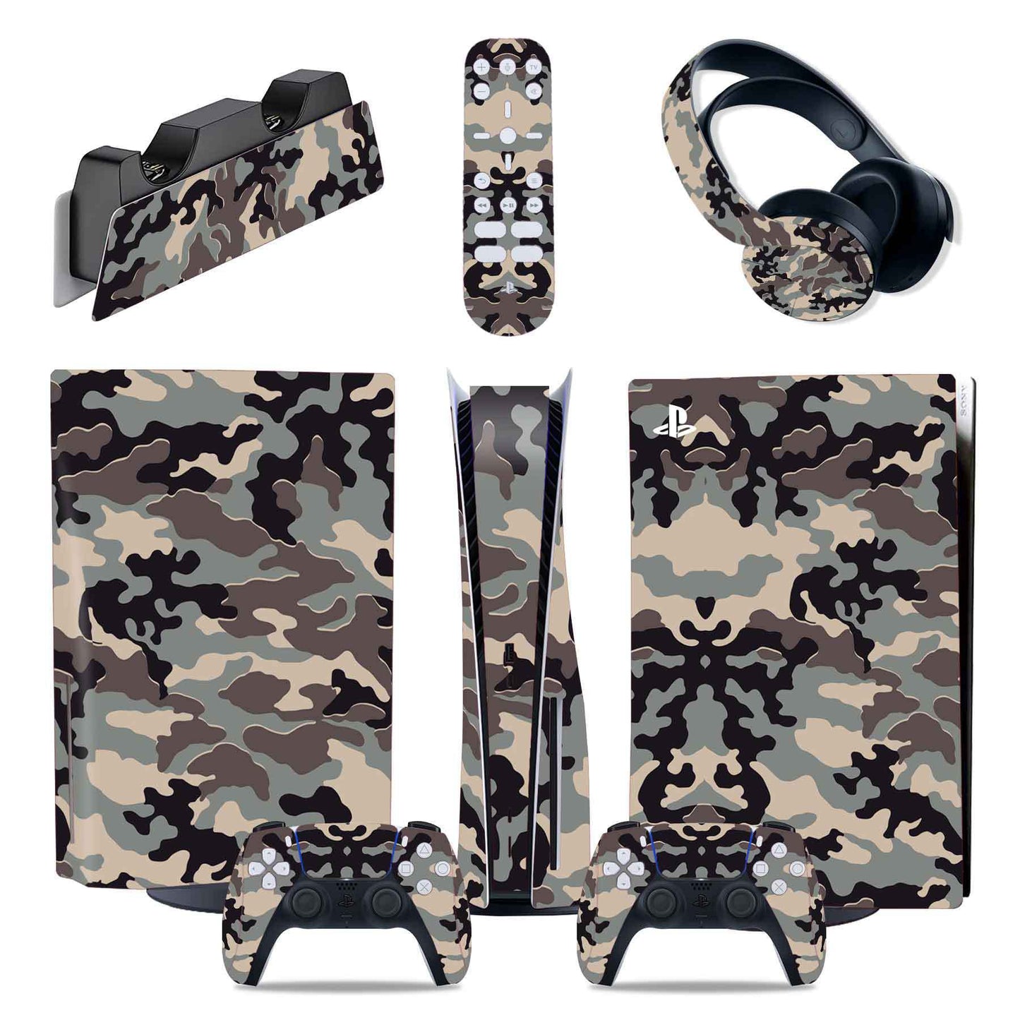 Camouflage-patterned gaming console and accessories on a white background