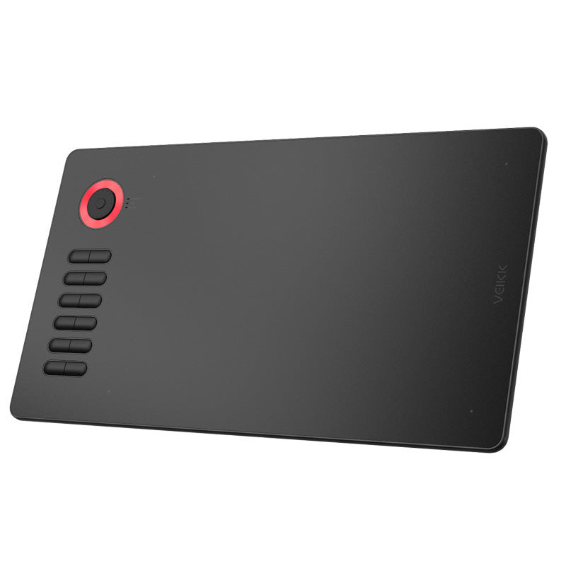Black graphic tablet with red circle and buttons on a white background