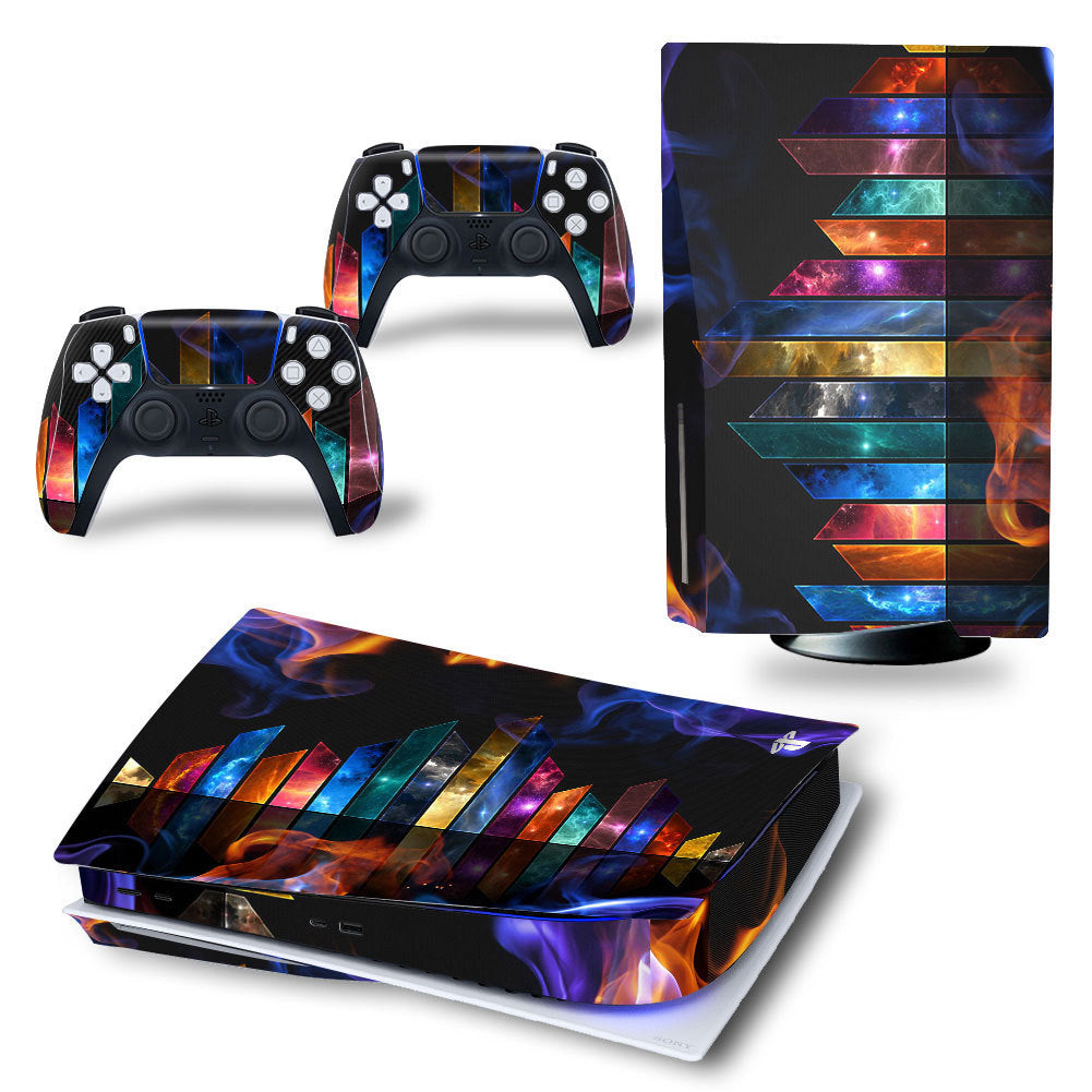 Gaming console and controllers with colorful abstract design on a white background