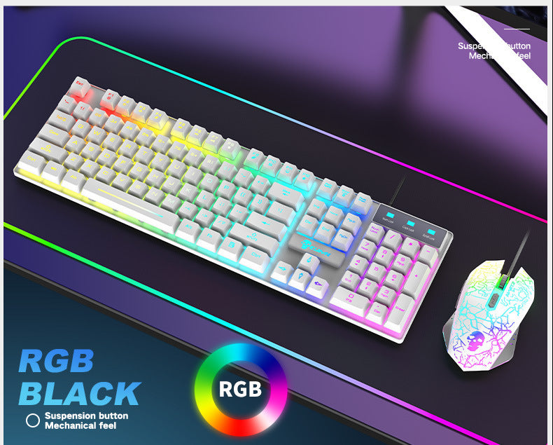 Gaming keyboard and mouse set with RGB lighting on a dark surface