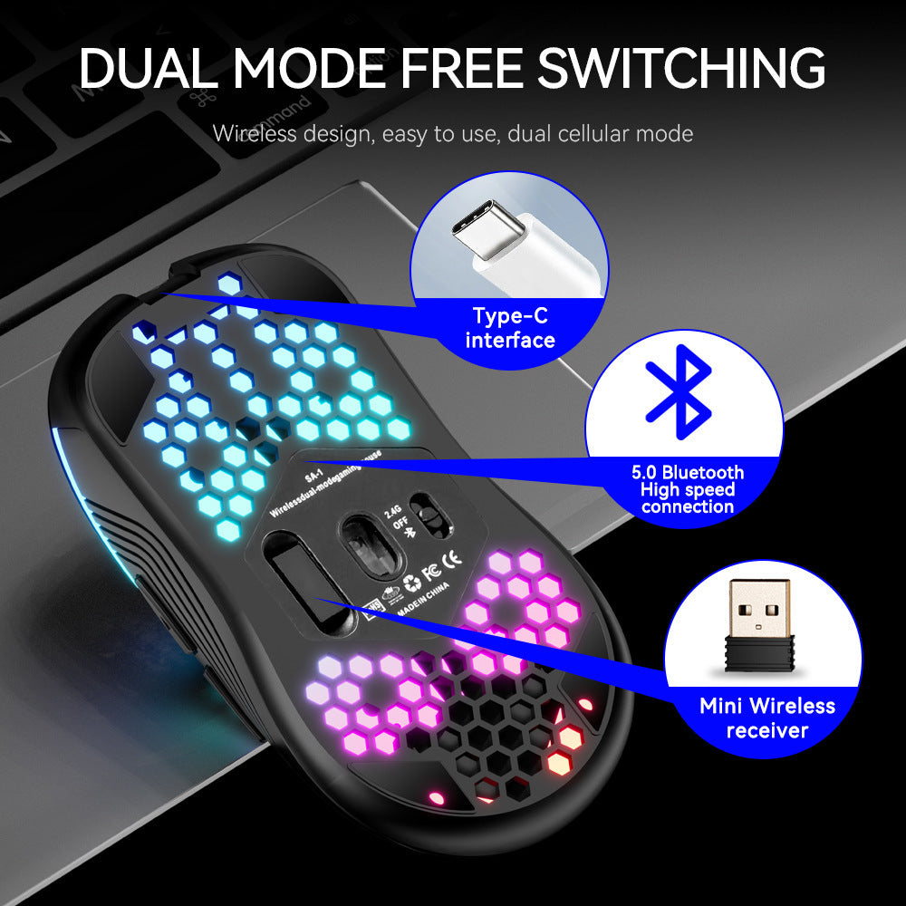 Gaming mouse with Type-C interface, Bluetooth connection, and mini wireless receiver on a dark background.
