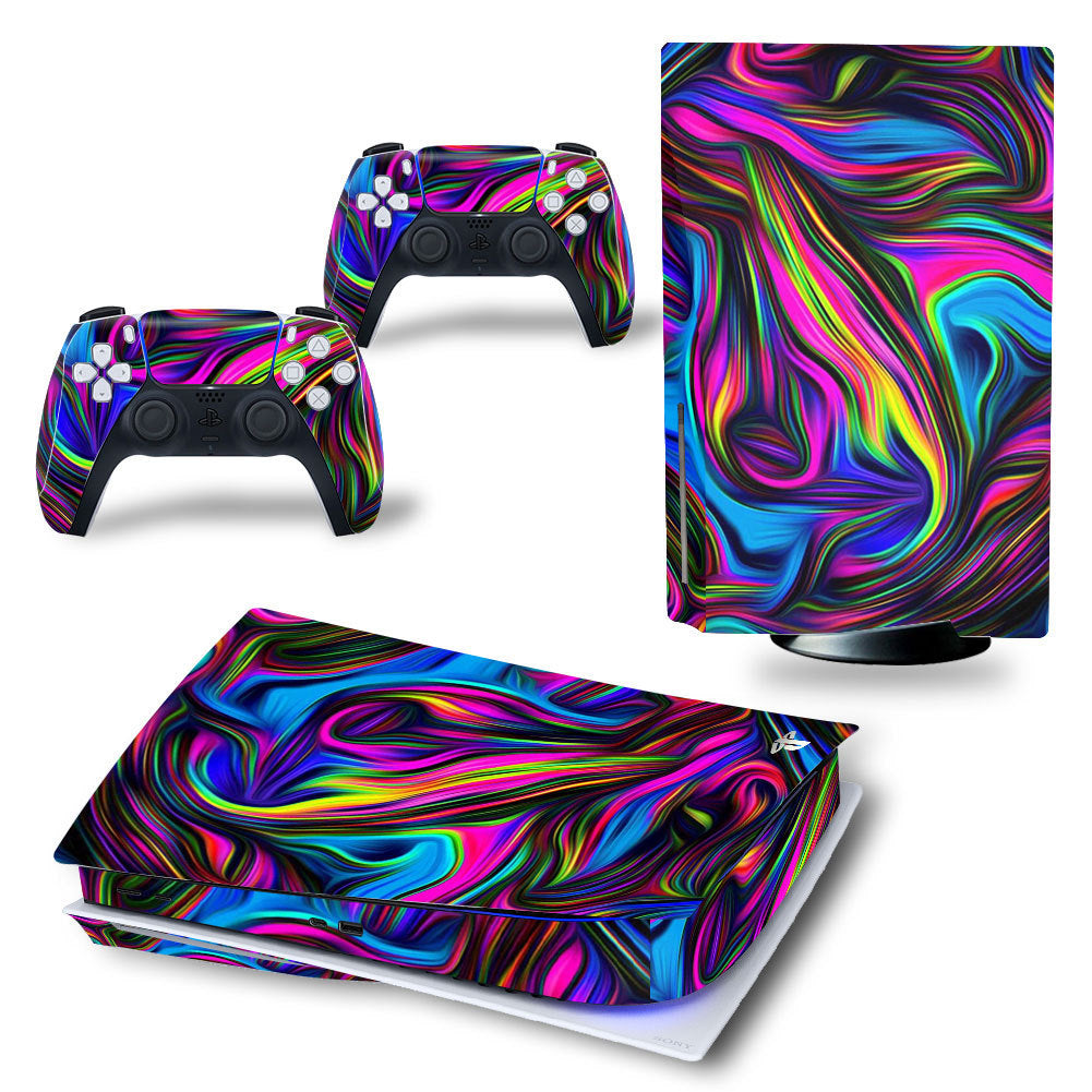 Colorful swirl design skin for a gaming console and controllers on a white background