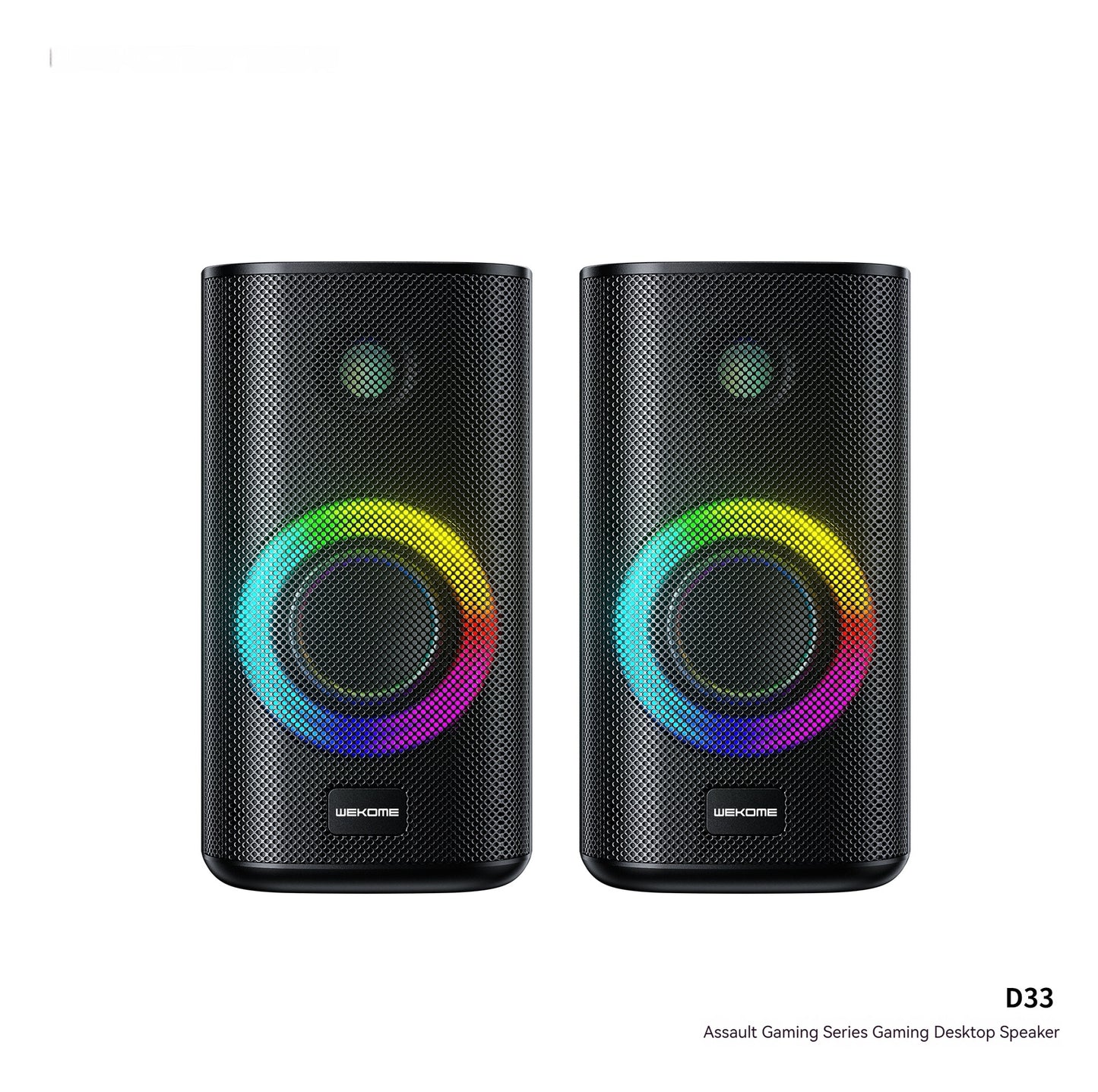 Pair of black gaming desktop speakers with RGB lighting on a white background