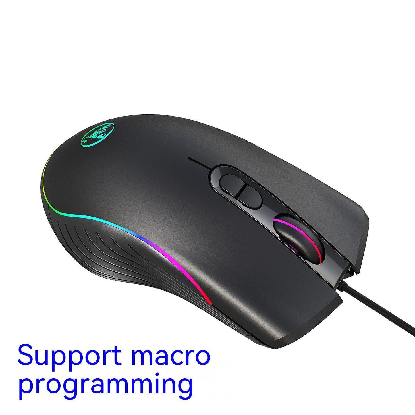 Black gaming mouse with RGB lighting on a white background, featuring text 'Support macro programming'.