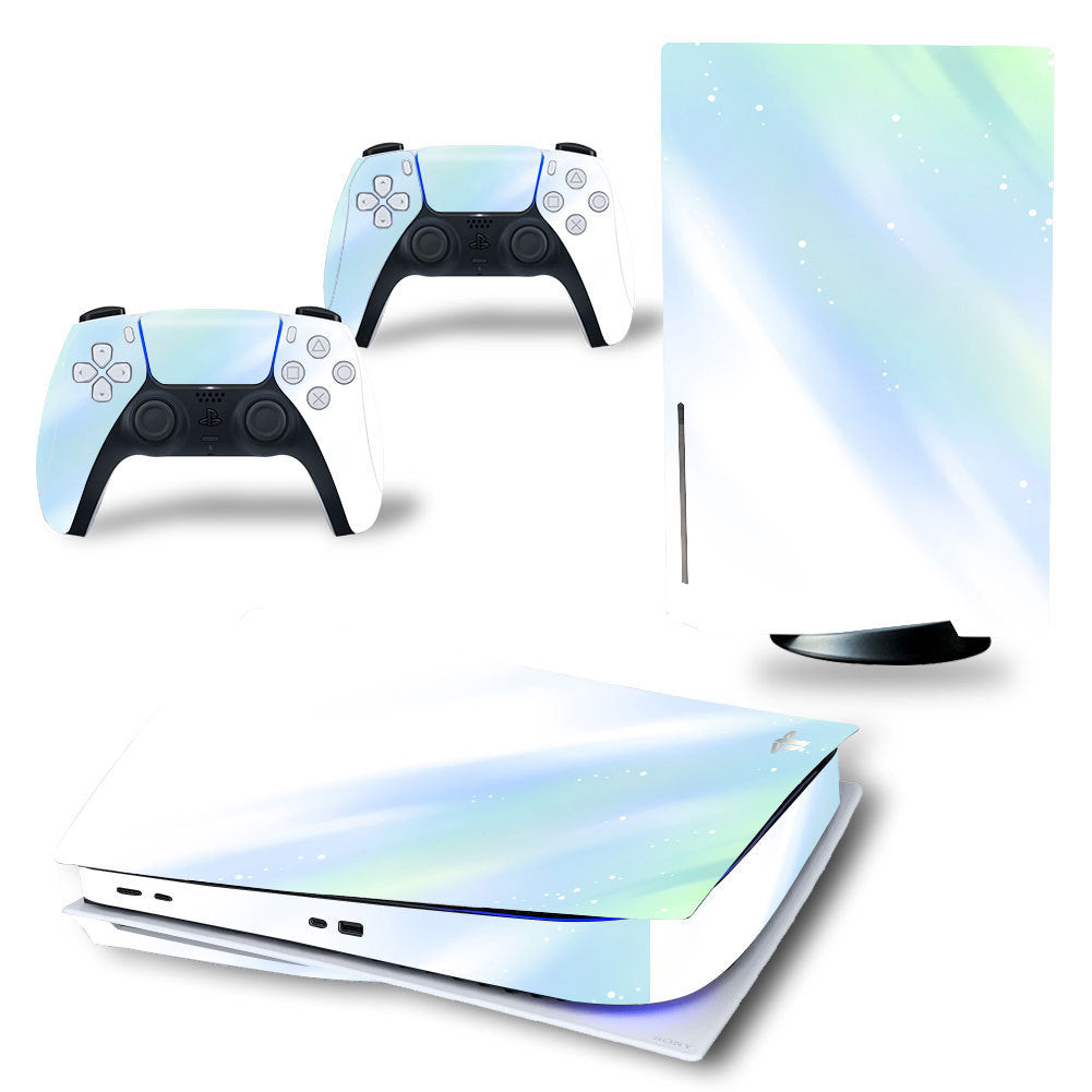 Gaming console and controllers with a gradient skin design on a white background