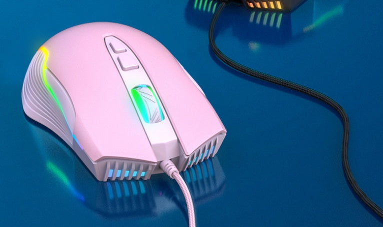 Pink gaming mouse with RGB lighting on a blue background