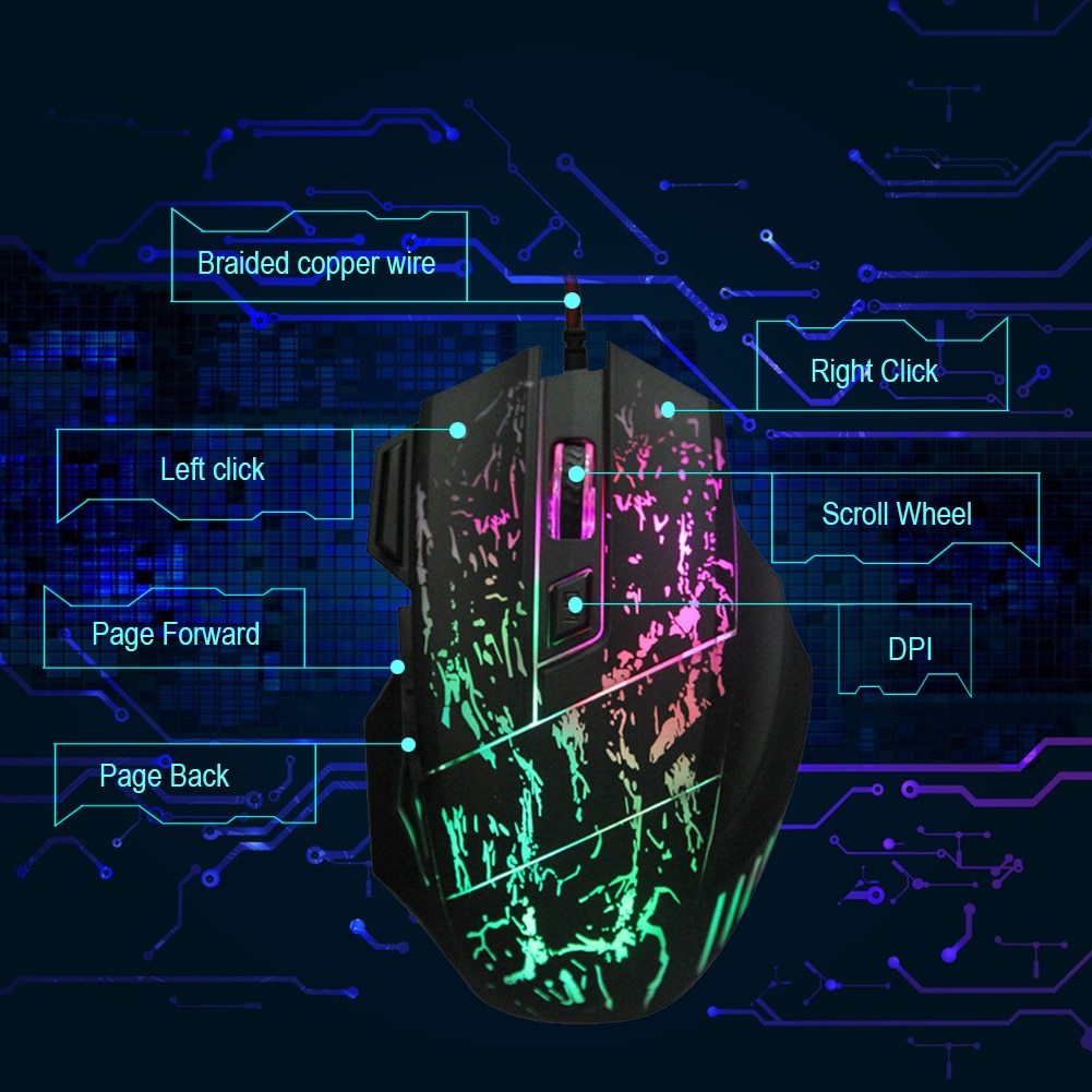 Gaming mouse with colorful lighting on a digital circuit board background