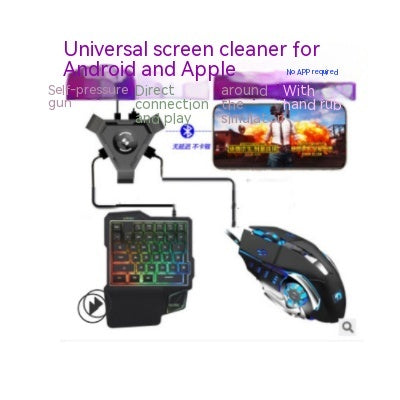 Gaming keyboard and mouse set with smartphone displaying app interface on a white background.