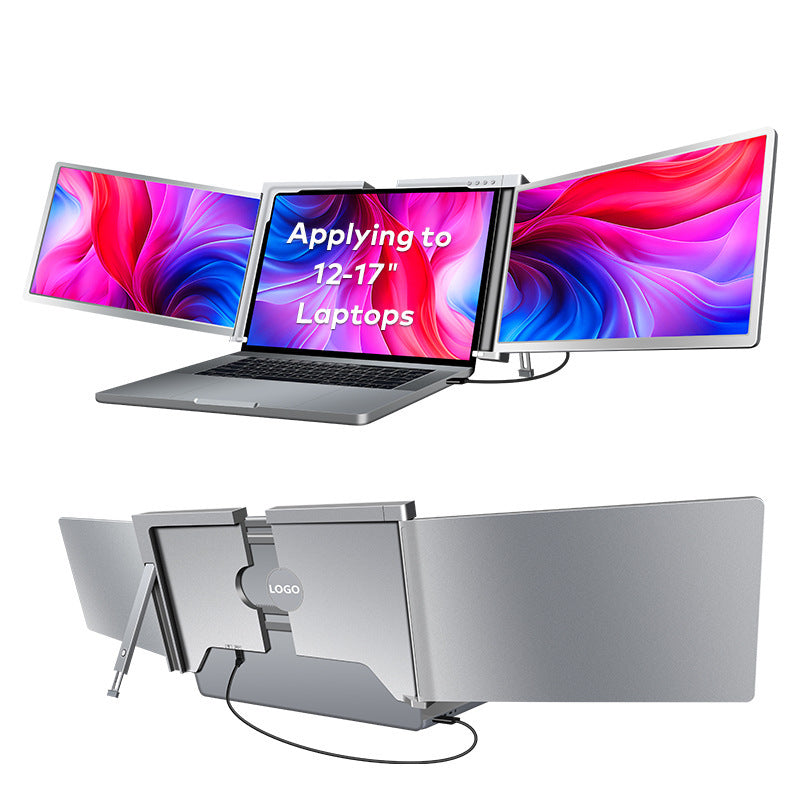 Laptop with a multi-monitor stand displaying colorful screens on a white background