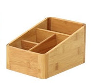 Wooden utensil holder with compartments on a white background