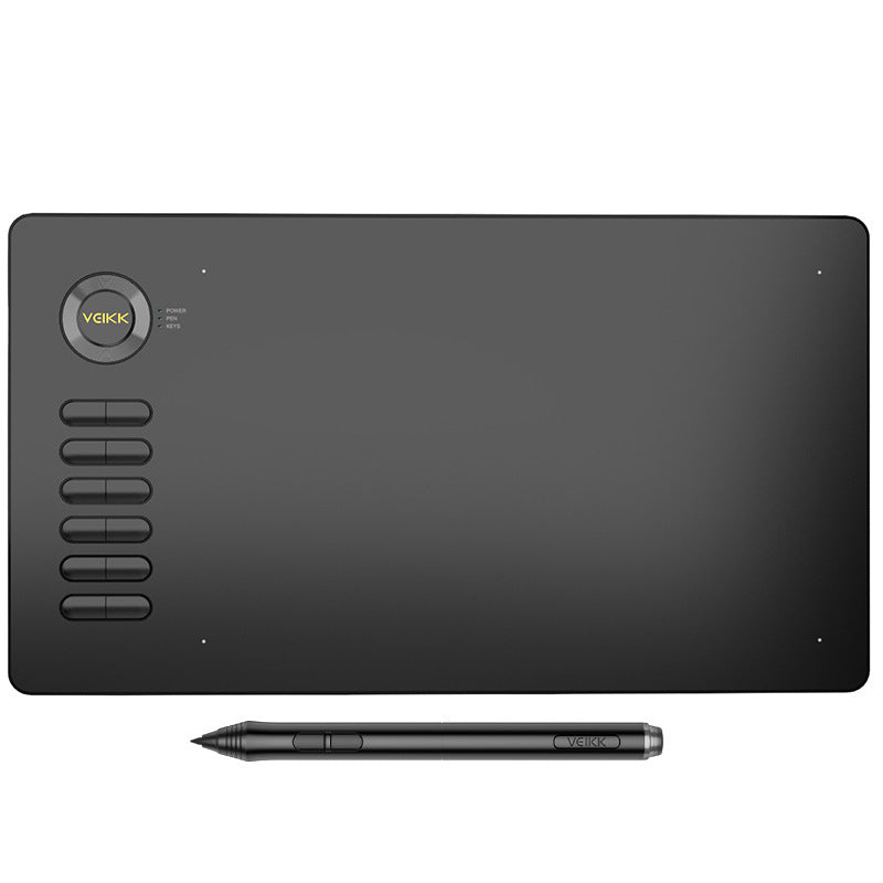 Black graphic tablet with pen on a white background