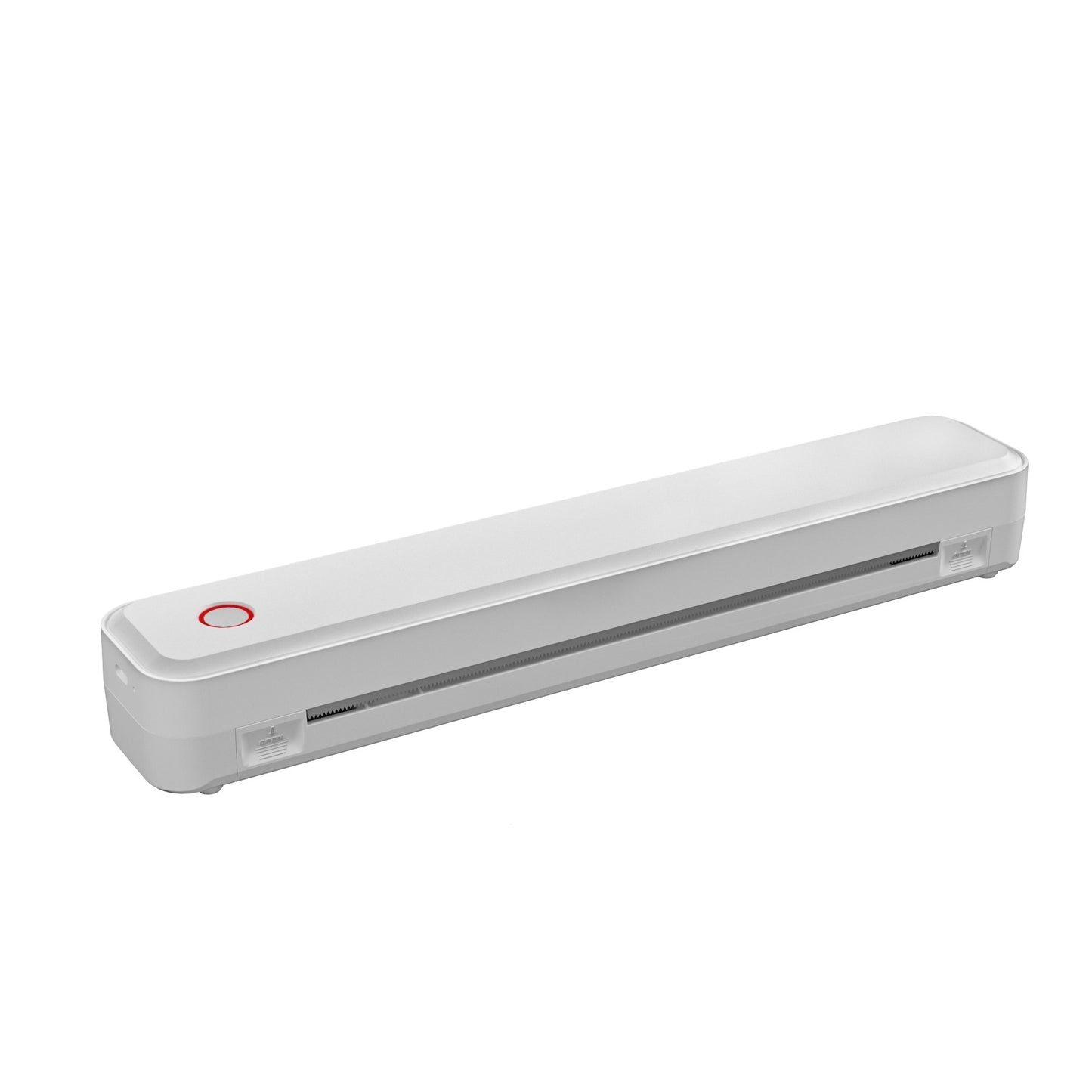 White handheld device with a red light on a white background