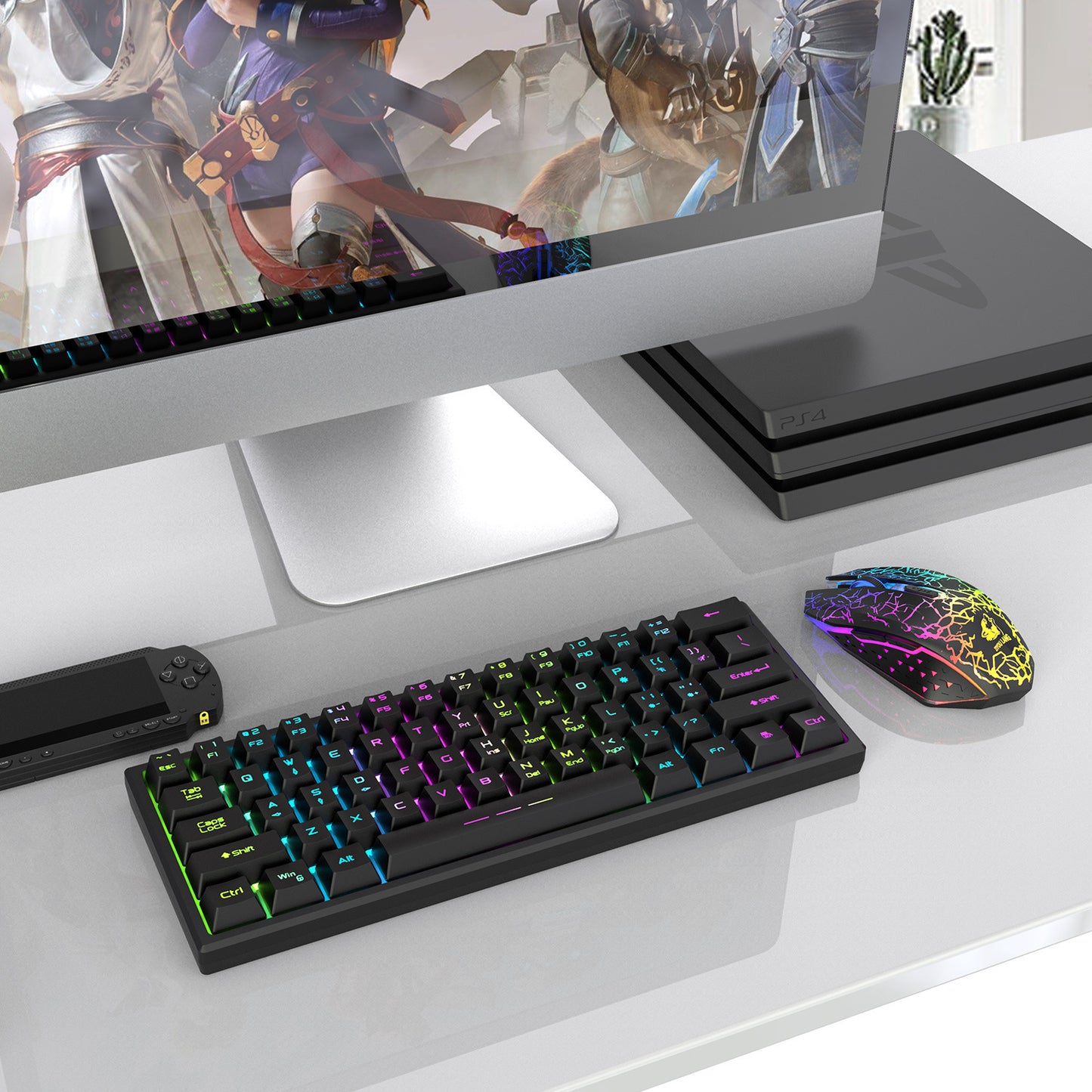 Gaming setup with keyboard, mouse, and monitor on a desk