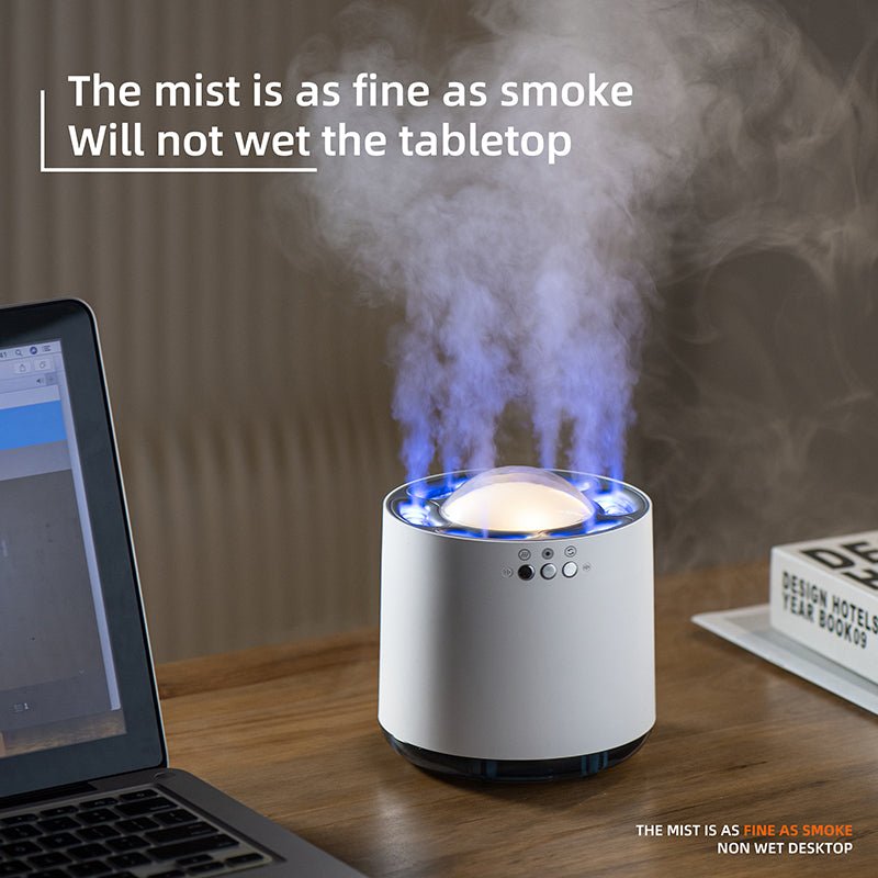 Humidifier emitting mist on a desk with text about the quality of the mist